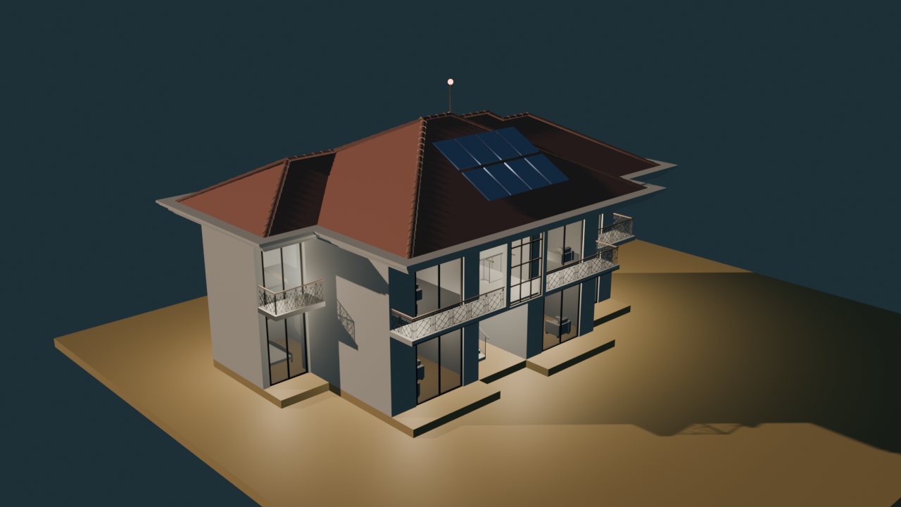 Smarter Labs digital twin: a two-storey building at dusk with a rooftop solar array
